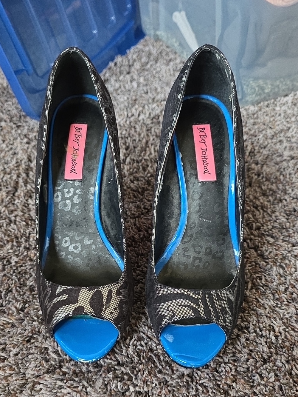 Betsey Johnson Black Animal-Print Peep-Toe Pumps with Blue Accents